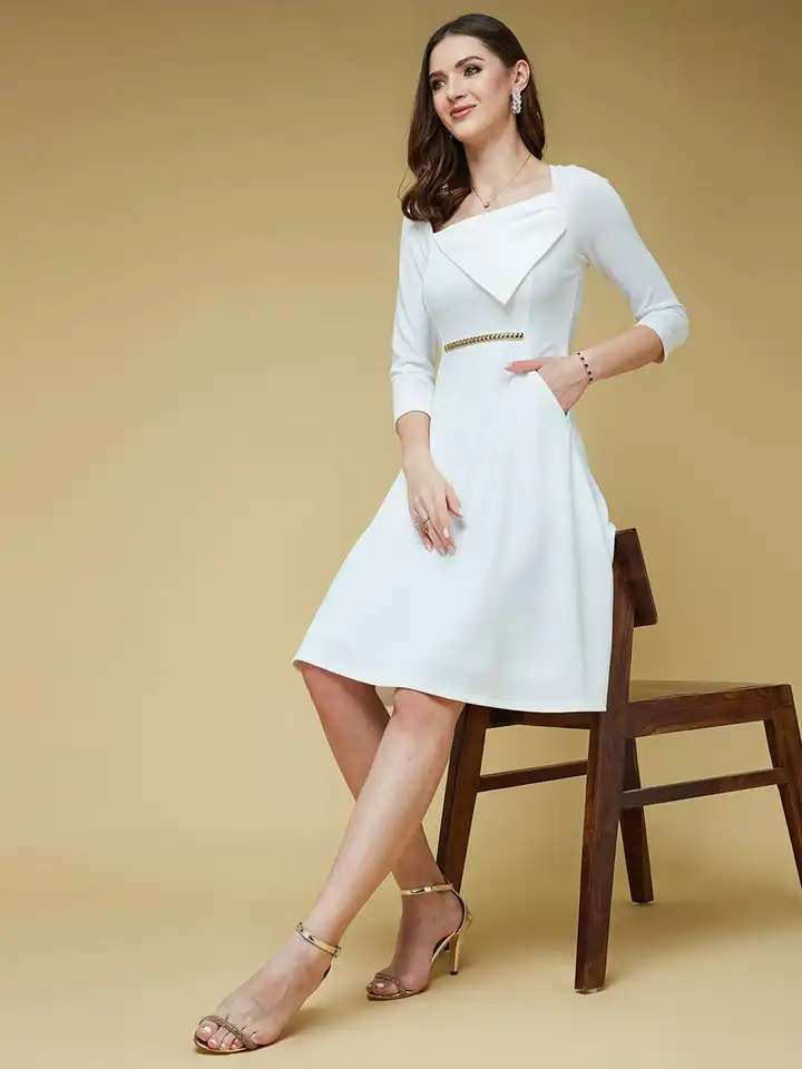 green emerald velvet dress Off White Solid Square Neck Raglan Sleeves Side Pocketed Fit and Flare