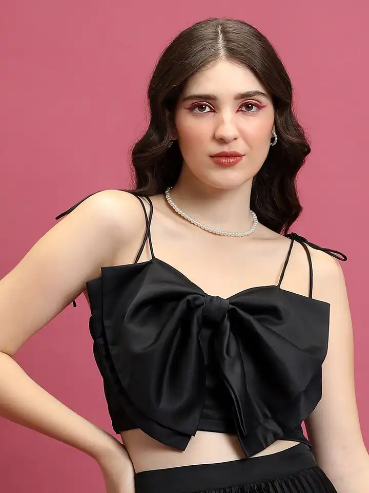 Buy Tokyo Talkies Black Shoulder Straps Sleeveless Crop Bow Top