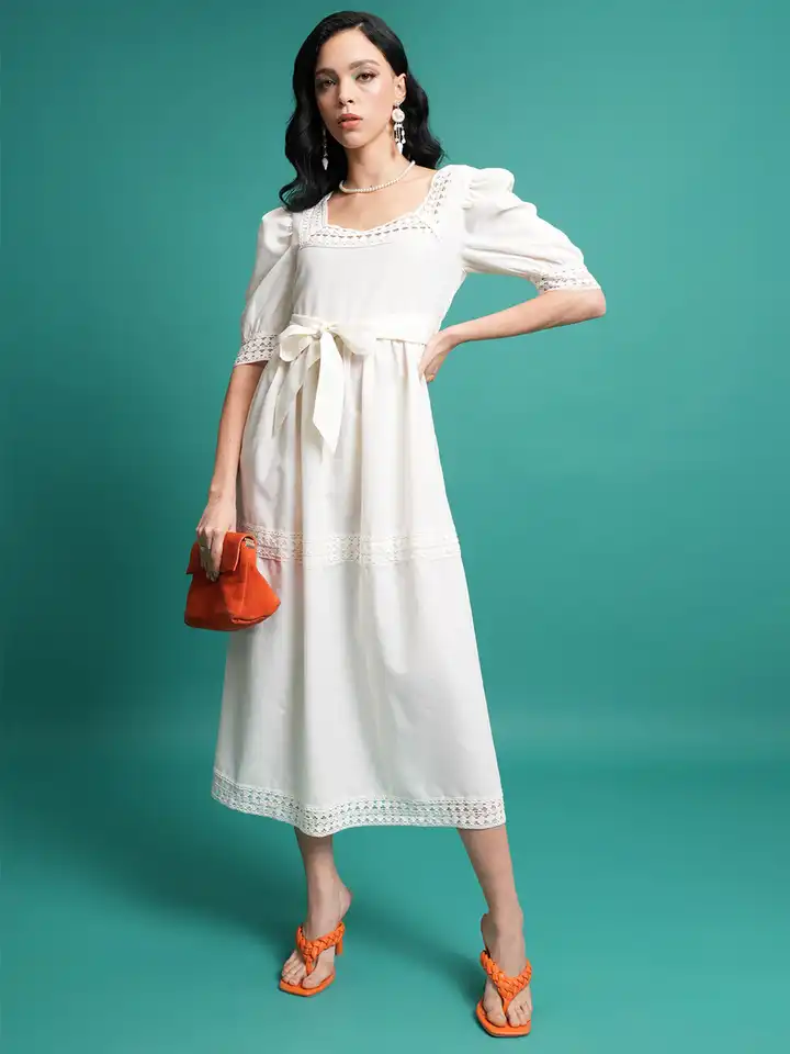 chinese dress ladies Berylove Women Bateau Neck Midi White Dress A Line Cap Sleeve Satin Graduation Dress, Ivory / US20W