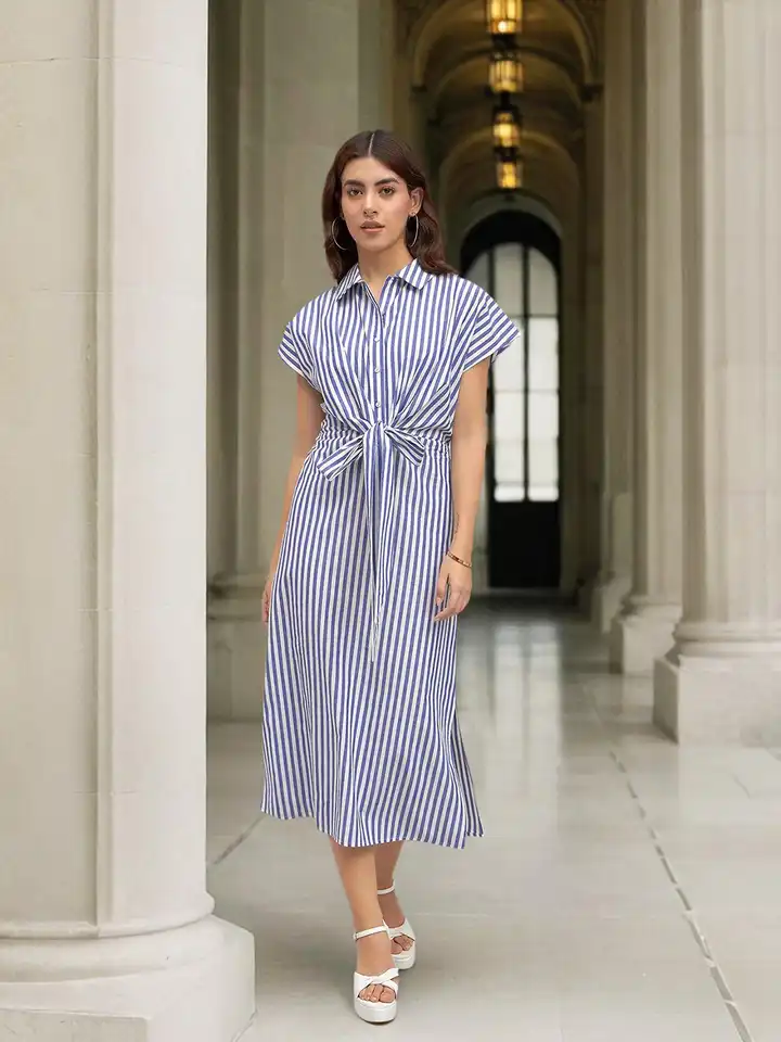 Buy DL Woman Striped Tie-Up Cotton Shirt Style Midi Dress - Dresses for Women 26171662 | Myntra Buy DL Woman Striped Tie-Up Cotton Shirt Style Midi Dress - Dresses for Women 26171662 | Myntra