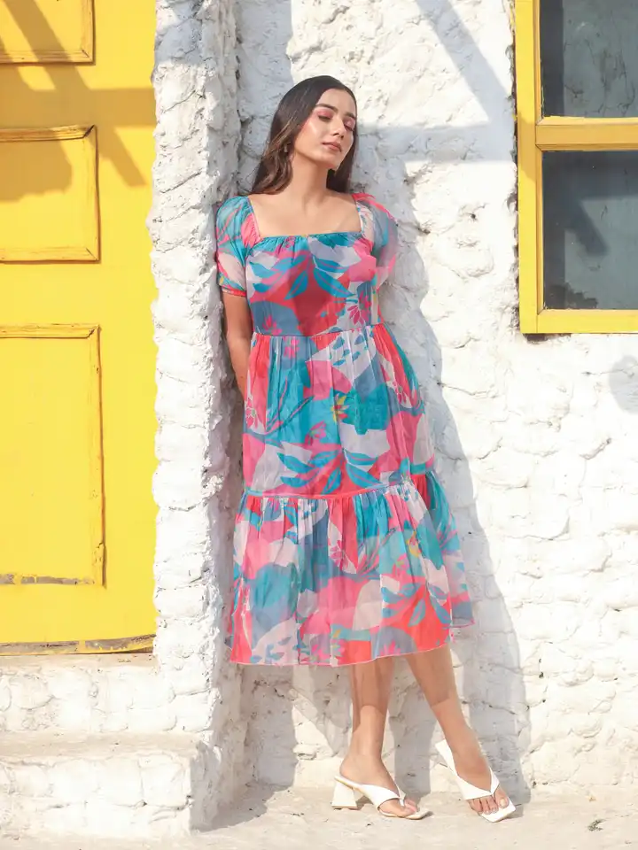 Buy DEEBACO Abstract Printed Puff Sleeve Chiffon Fit & Flare Midi Dress -  Dresses for Women 26499010 | Myntra