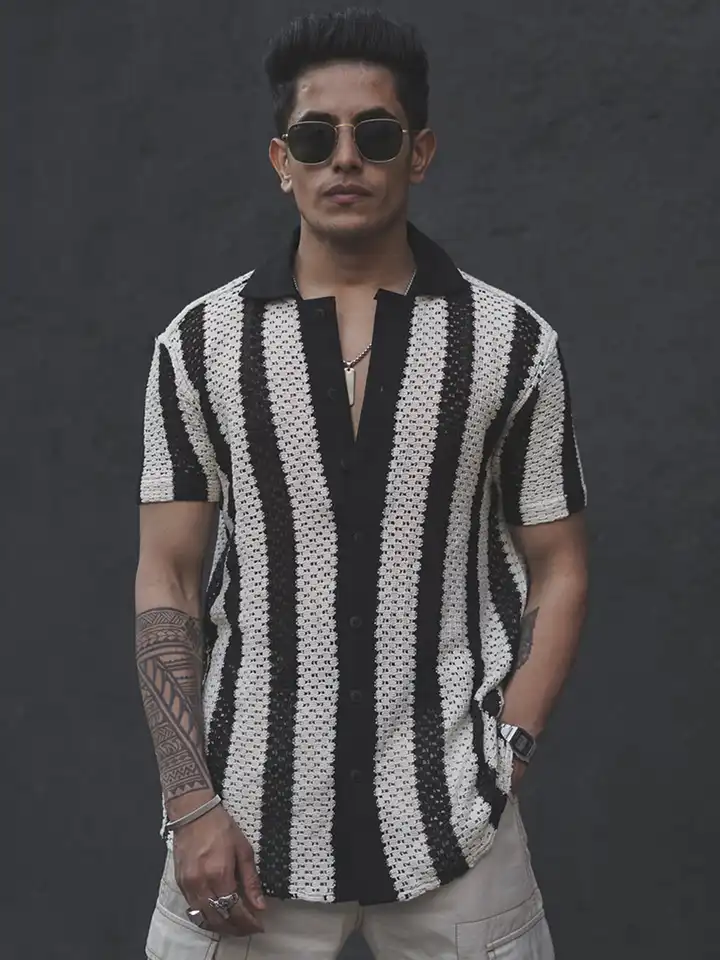 Buy Powerlook White India Slim Vertical Striped Crochet Semi Sheer