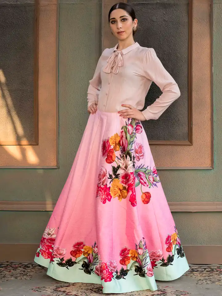 Buy SAPTRANGI Floral Printed Silk High-Rise Flared Maxi Skirt