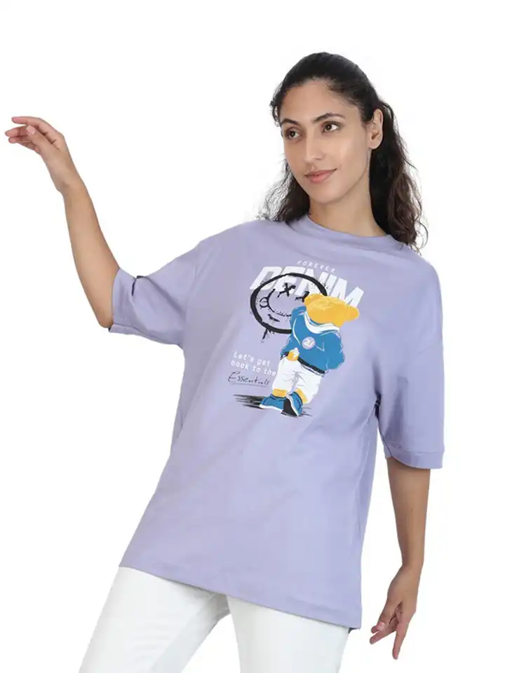 Buy ZU Printed Round Neck Drop-Shoulder Sleeves Cotton Oversized T