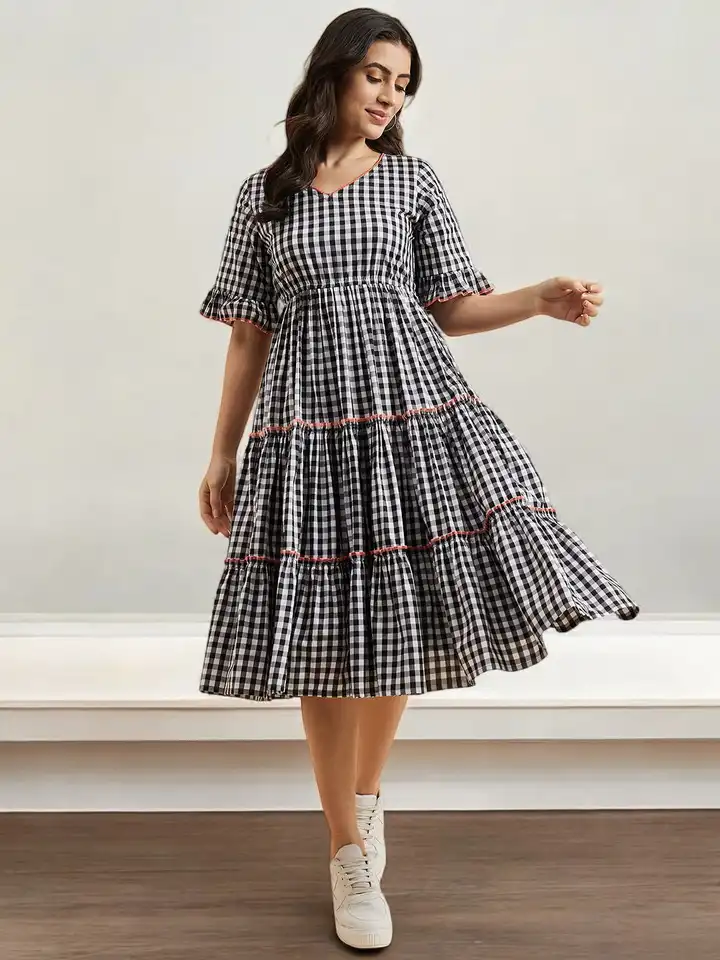 Buy Azira Checked Cotton Empire Puff Sleeve Layered Fit & Flare Midi Dress  - Dresses for Women 27443692 | Myntra