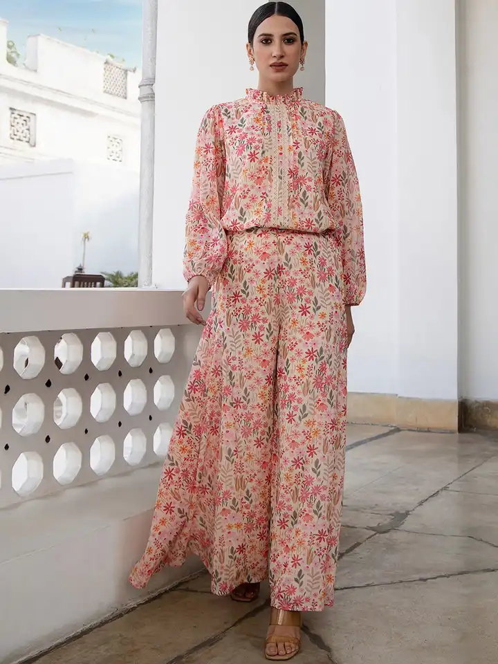 Buy Janasya Women's Beige Georgette Floral Regular Co-ord Set Co