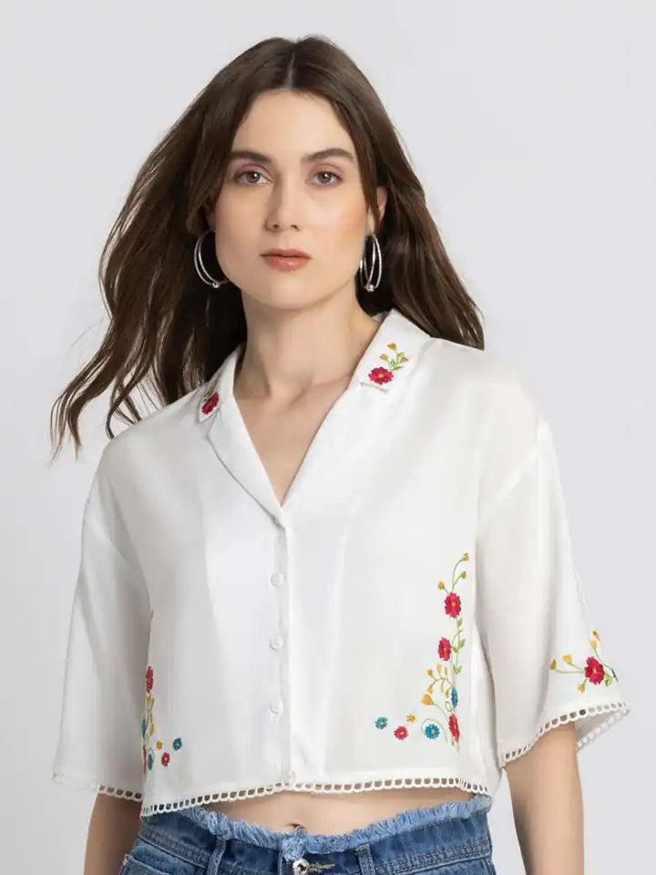 Buy SHAYE Floral Embroidered Lapel Collar Drop-Shoulder Sleeves