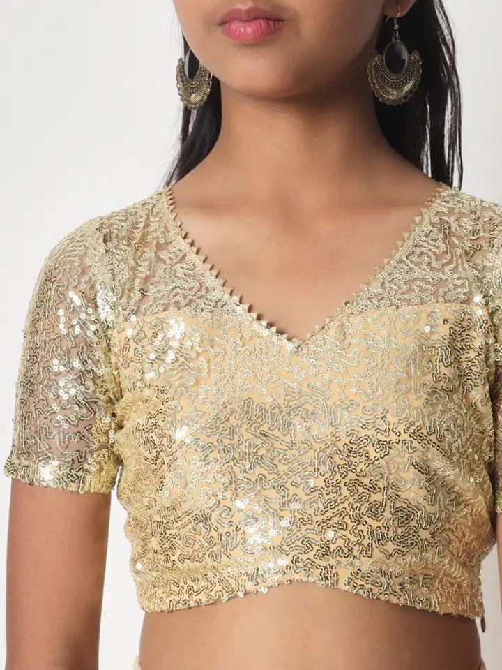 Buy studio rasa Girls Embellished V-Neck Sequinned Net Fitted Crop
