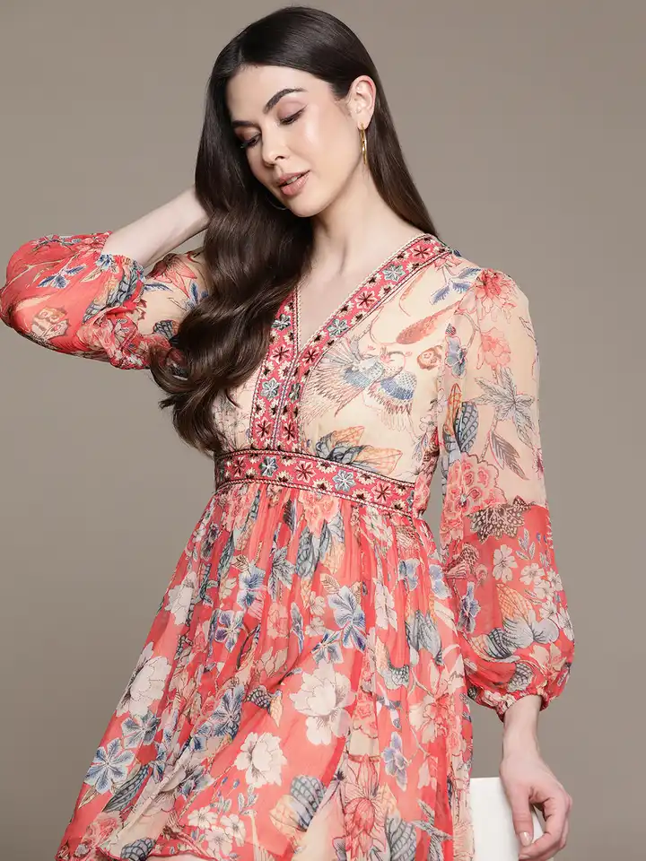 Buy Label Ritu Kumar Floral Print Puff Sleeves Chiffon Fit & Flare Mini  Dress - Dresses for Women 27993752 | Myntra