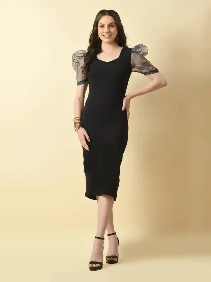 knee length dresses for ladies Crease Ease Wine Square Neck Short Puff Sleeve Lace Bodycon Midi Dress main image 1
