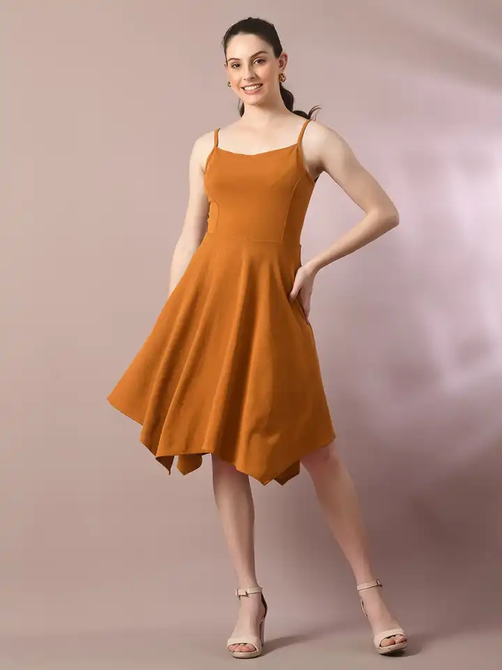 Buy HERE&NOW Valentino Mustard Yellow Shoulder Straps Sleeveless Fit & Flare  Dress - Dresses for Women 28115376 | Myntra