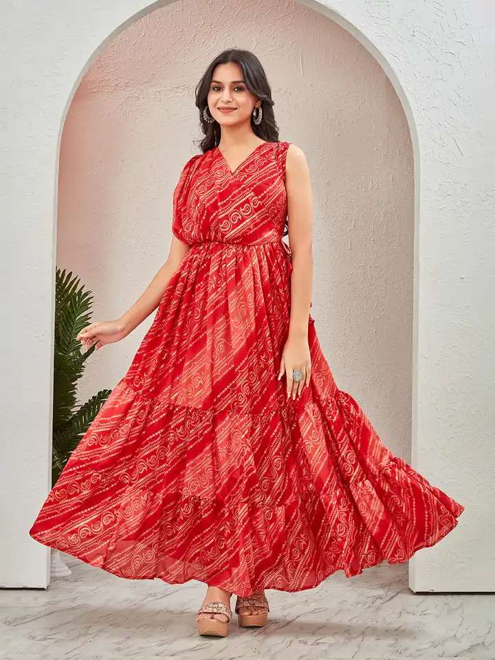 Buy Chandbaali Bandhani Printed Tiered Fit & Flared Midi Ethnic Dress -  Ethnic Dresses for Women 28206474 | Myntra