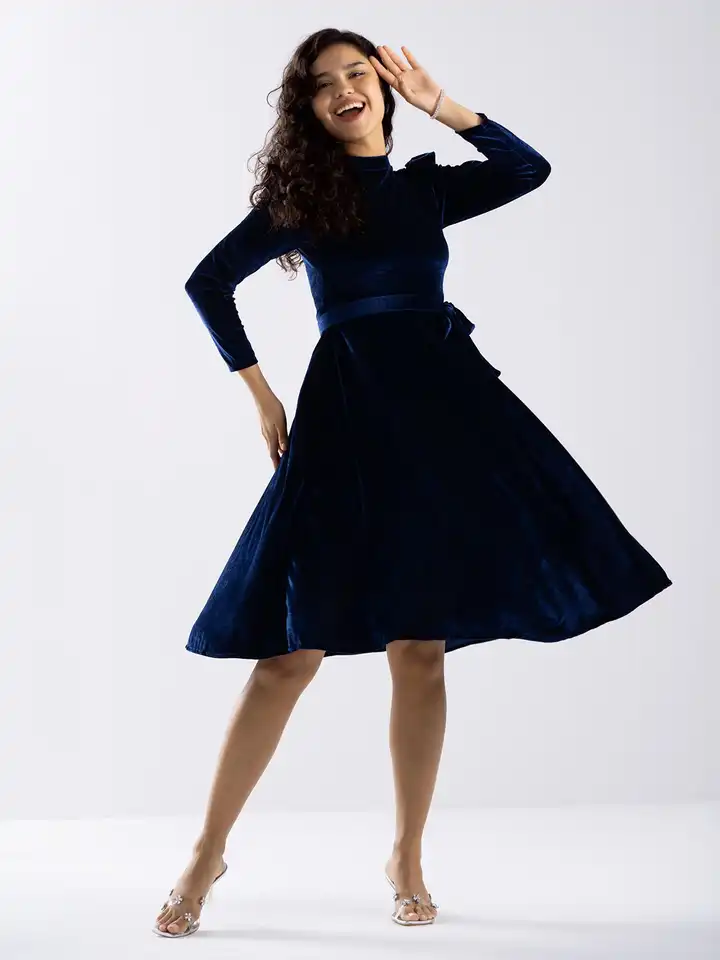 slim fit dress slacks Womens Velvet Midi Fit & Flare Dress – Villafran Boutique main image 0