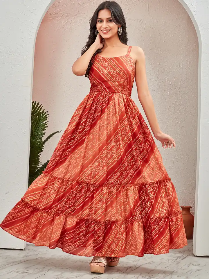 chinese dress ladies Red Color Navratri Special Long Bandhani Gown For Women main image 1