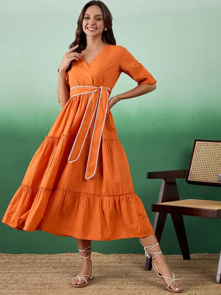 Buy Sangria Lace Belted Tiered Fit & Flare Pure Cotton Midi Ethnic Dress -  Ethnic Dresses for Women 28452498 | Myntra
