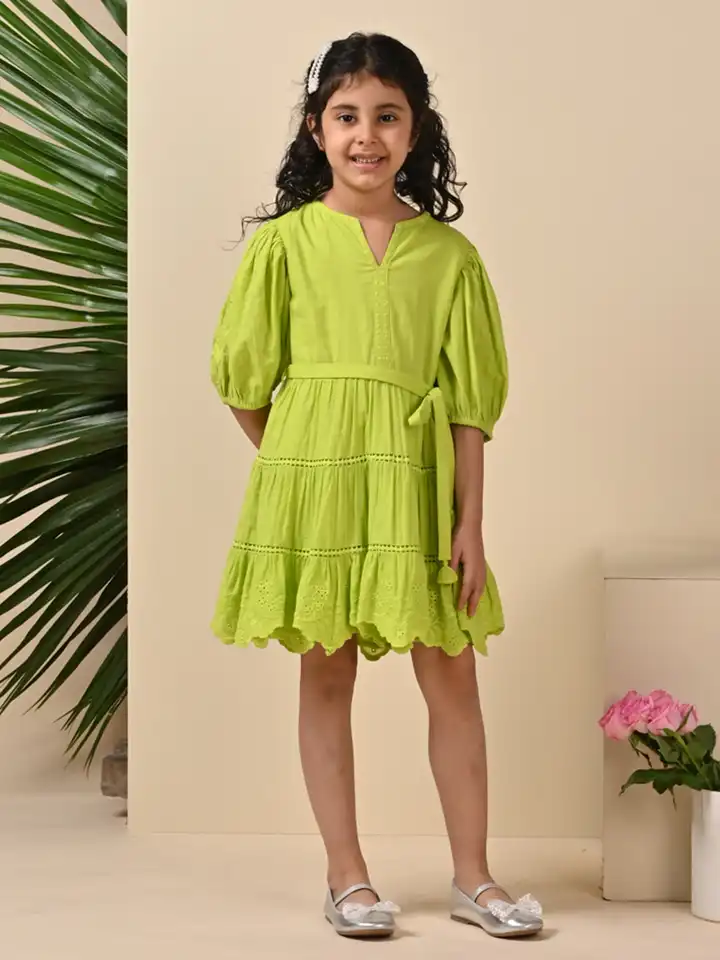 Buy The Tribe Kids Girls Schiffli Knee Length Fit & Flare Puff Sleeve Pure  Cotton Casual Dress - Dresses for Girls 28939556 | Myntra
