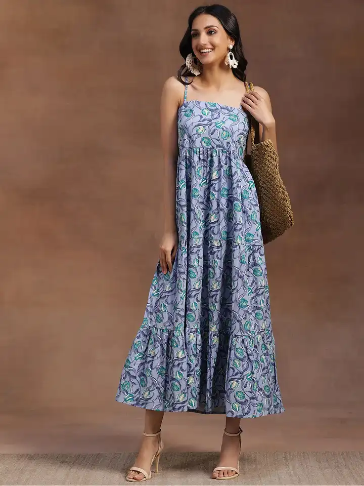 chinese dress ladies 'Blue Florals' 100% Cotton Maxi Dress