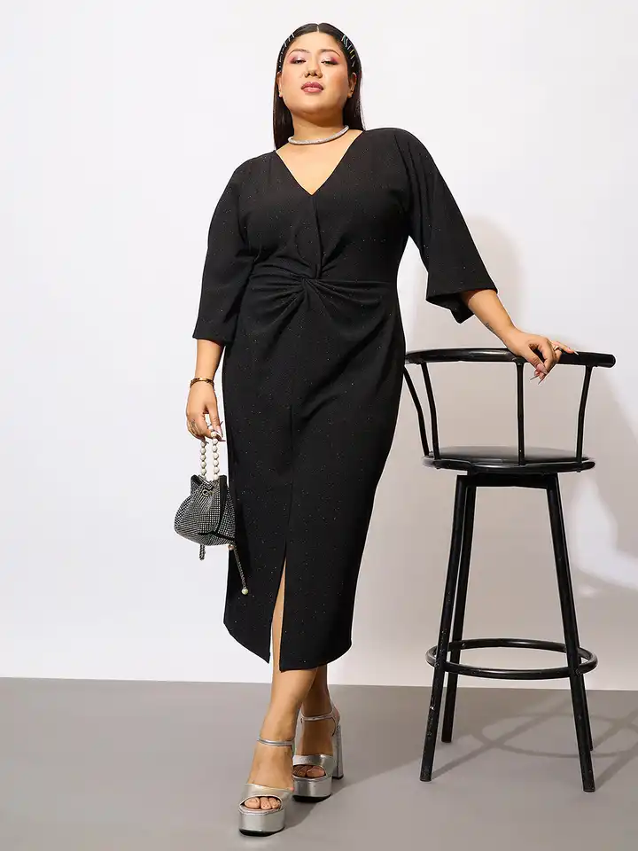 Buy SASSAFRAS Curve Plus Size Black Glitter V-Neck Knot Sheath Midi Dress -  Dresses for Women 29182624 | Myntra