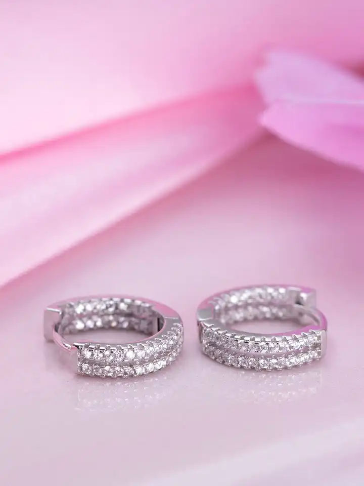 New Sterling Silver Cubic Zirconia Station Hoop Earrings