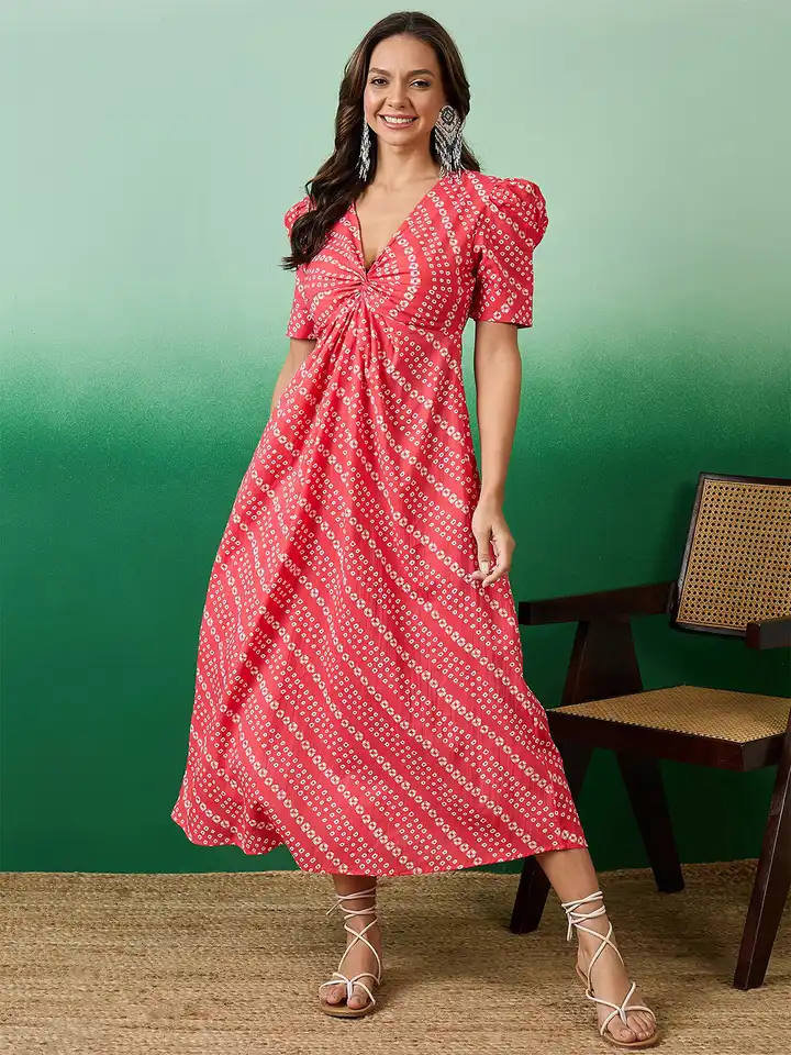 knee length dresses for ladies Dash and Dot - BANDHANI DRAPED DRESS main image 0