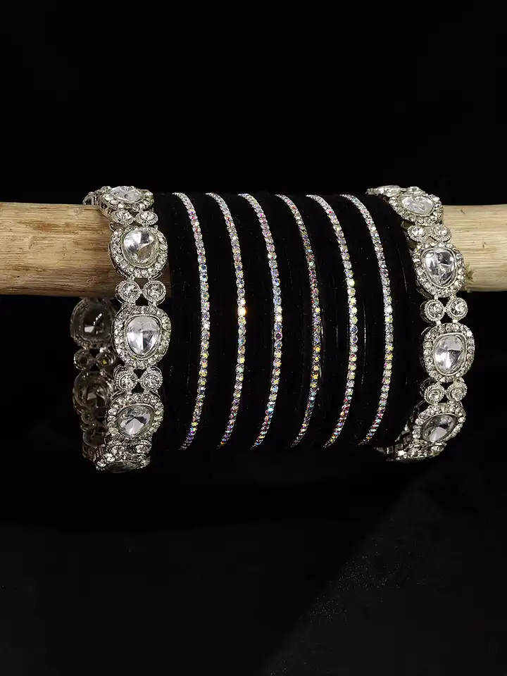 Buy LAVAZZA Set of 58 Zircon & Kundan-Studded Metal Velvet Bangles