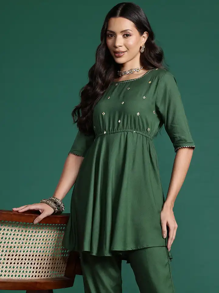 slim fit dress slacks Green Embroidered Dhoti-Style Skirt with Shrug-Rent XXS / Green / 3 Days main image 1