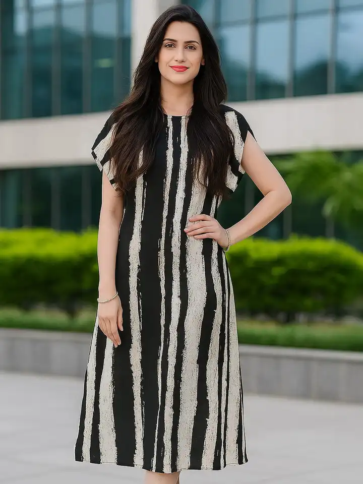 Buy DressBerry Black Striped Georgette A-Line Midi Dress - Dresses