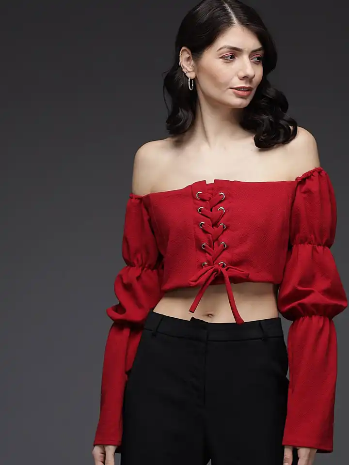 Buy TANDUL Cherry Red Off-Shoulder Puff Sleeve Tube Crop Top