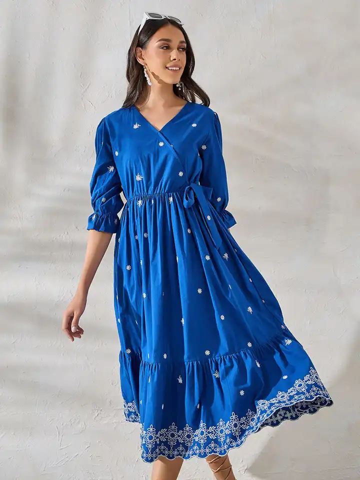 Buy Styli Women V-Neck Wrap Contrast Embroidered Midi Length Dress - Dresses  for Women 29656880 | Myntra