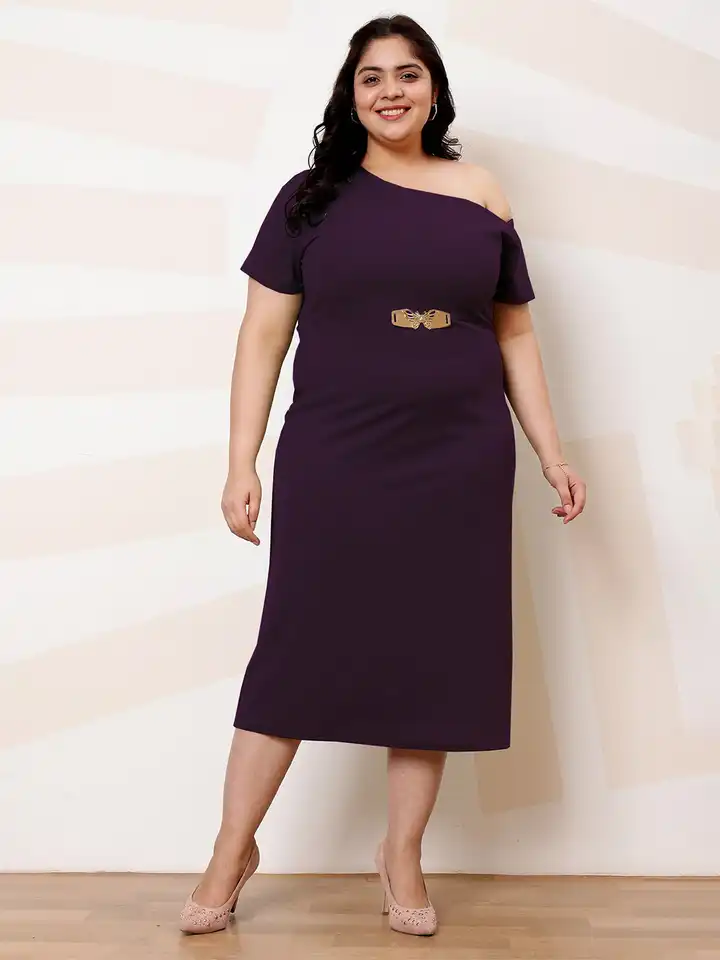 strapless open back dress Plus Size One Shoulder Wrap Detail Midi Dress in Purple main image 0