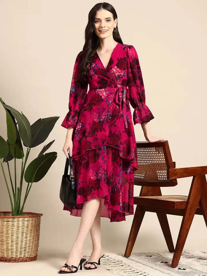 strapless open back dress Red arlesienne floral print midi wrap dress – Gabin