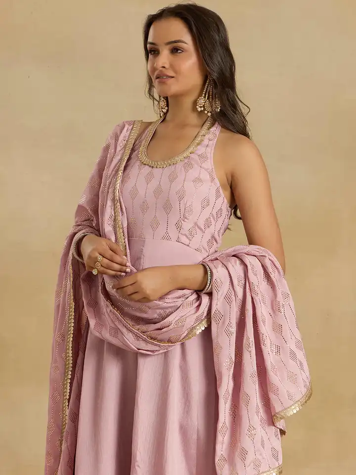 slim fit dress slacks Mustard Halter Neck Tiered Anarkali Suit (Set of 3) – Aadveka main image 1