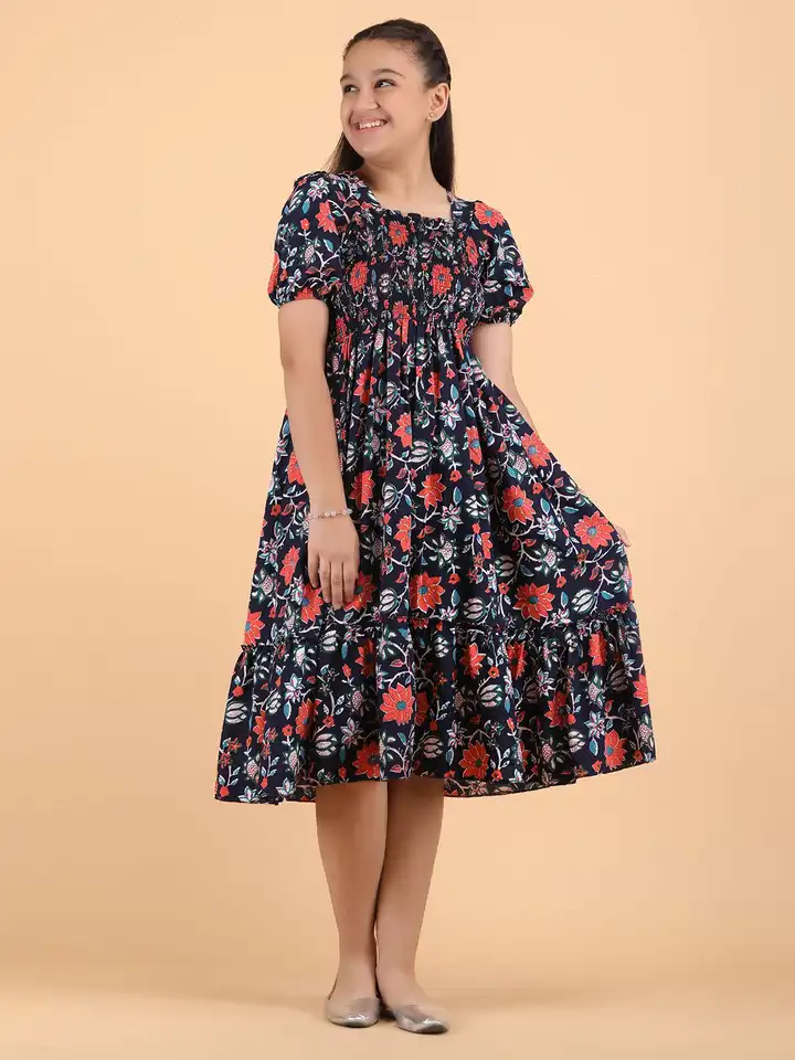 knee length dresses for ladies Shop Girls Orange,Blue & White Floral Print Fit & Flare Round Neck Sleeveless Cotton Midi Dress (IW-ORANGEBOOTICAPE) Online Orange / 4-6Y / Cotton main image 0