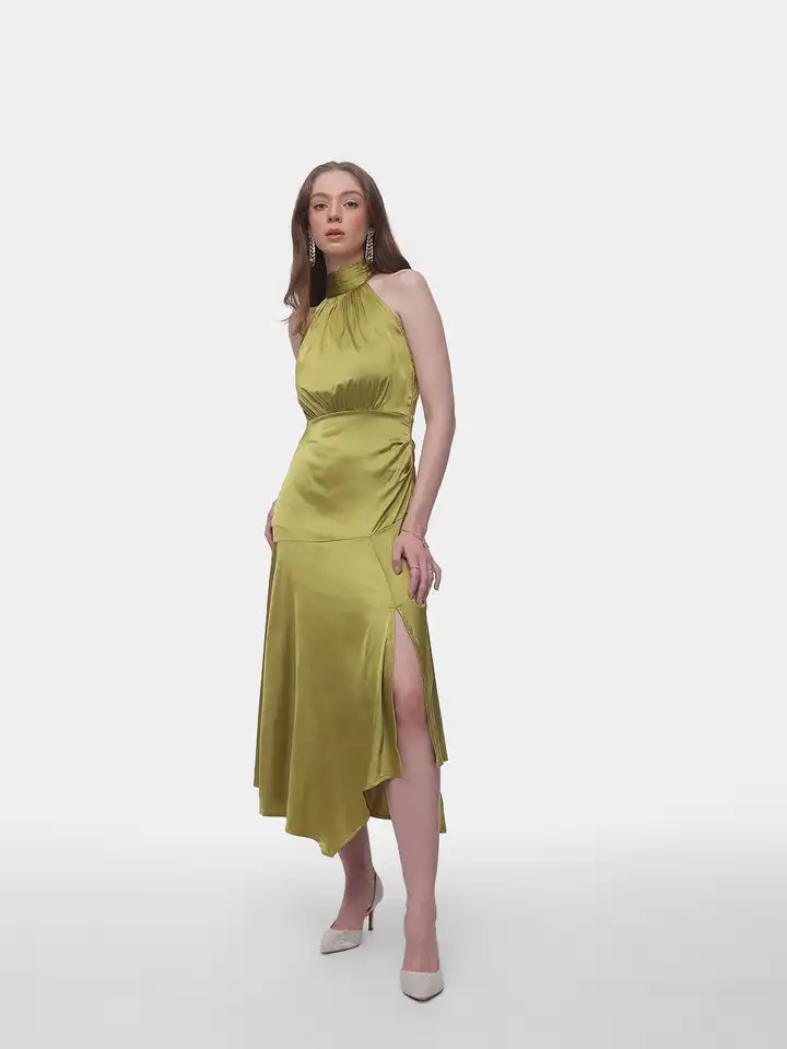 sachin and babi light blue dress Elegant Halter Neck Pleated Padded Maxi Dress with Side Slit and Flowy Hem main image 1