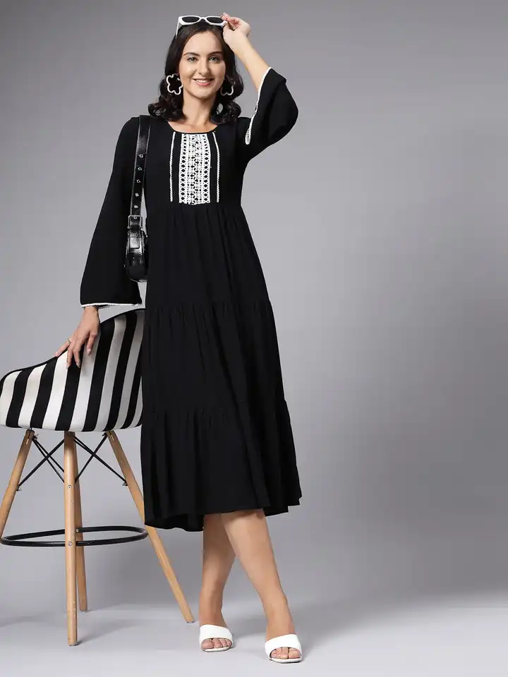 Buy aayu Bell Sleeve Layered A-Line Midi Dress - Dresses for Women 30043712  | Myntra