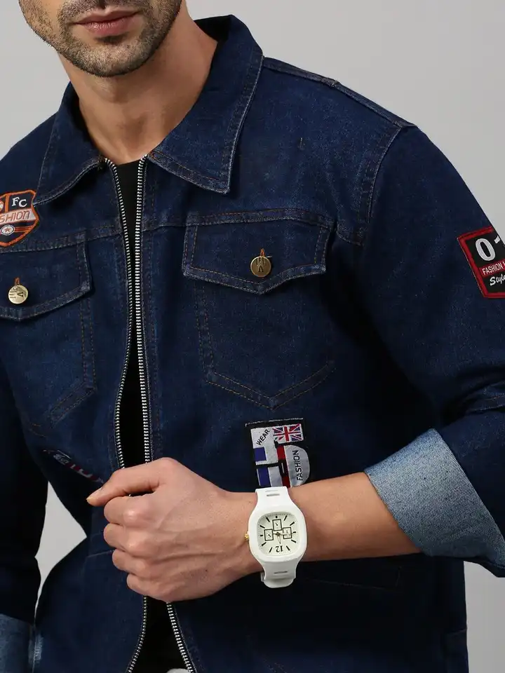 Buy VOXATI Men Floral Striped Longline Denim Jacket with Patchwork