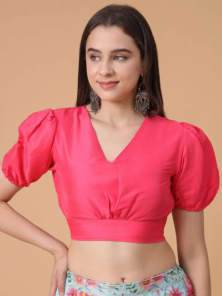 Buy Frolic Rolic Bright Pink Silk Blend V-Neck Puff Sleeves Blouse