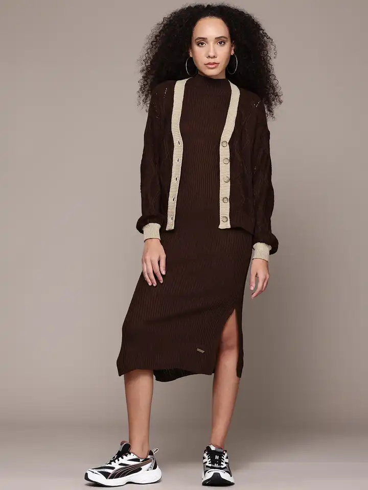 knee length dresses for ladies Ribbed Knit Button Down Cardigan/ Midi Dress Red S main image 0