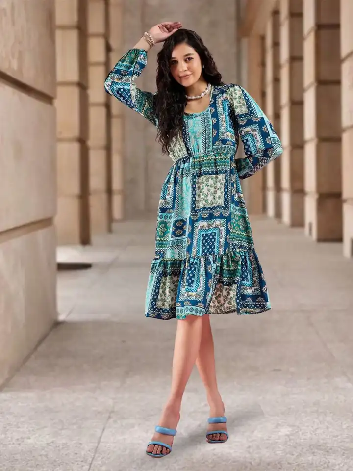 Buy DressBerry Women Printed Round Neck Puff Sleeves Fit and Flare Knee  Length Dress - Dresses for Women 30250940 | Myntra