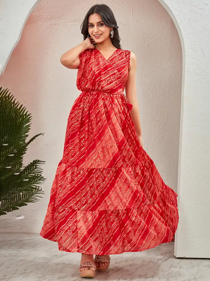 Buy ODD BY chansi TRENDZ Women Bandhani Printed V-Neck Sleeveless Flared Maxi  Dress - Ethnic Dresses for Women 30264084 | Myntra