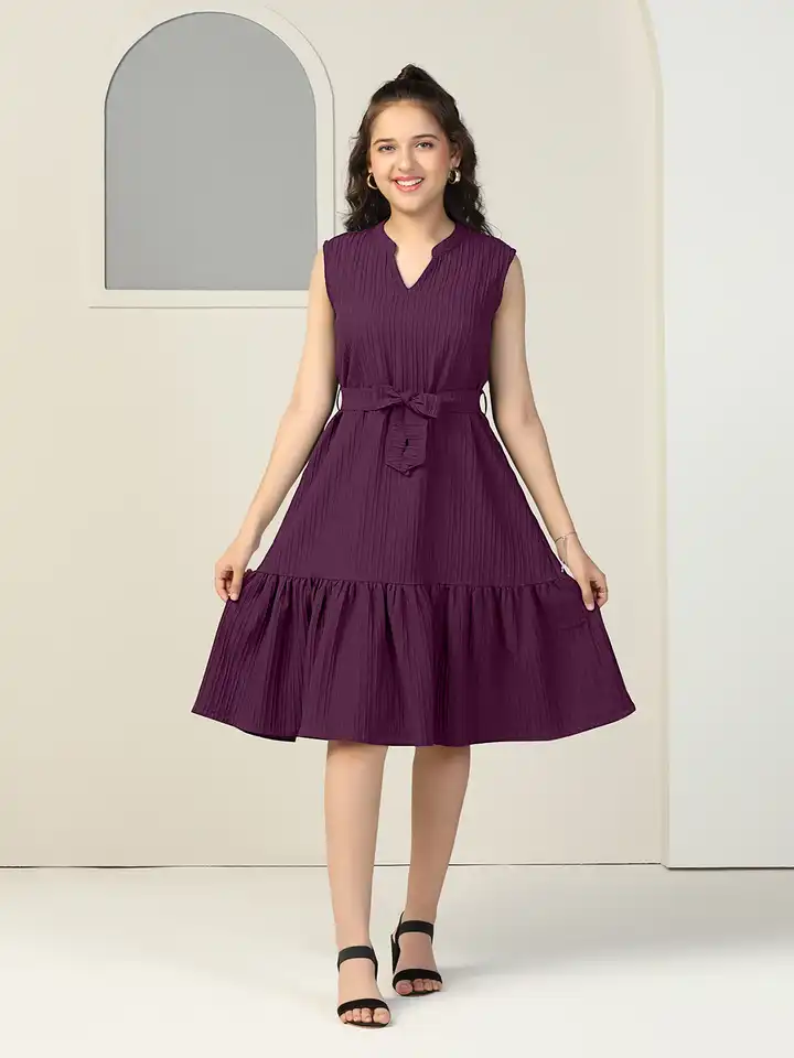 Buy OMPAX Kids-Girls Solid Fit and Flare Knee Length Dress With Tie-Ups -  Dresses for Girls 30795292 | Myntra