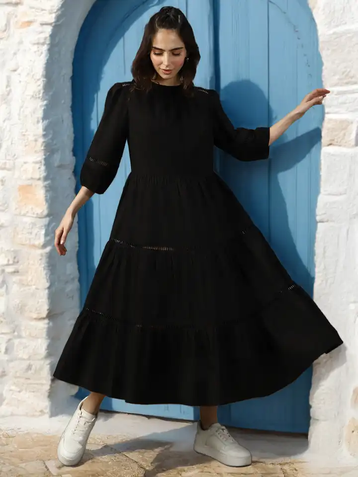 green nautical guipure maxi dress Off-White Nautical Guipure Long Sleeve Midi Dress – FARM Rio main image 1