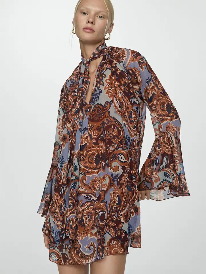 Buy MANGO Floral Print Tie-Up Neck Flared Sleeve Sheath Mini Dress - Dresses  for Women 30962163 | Myntra
