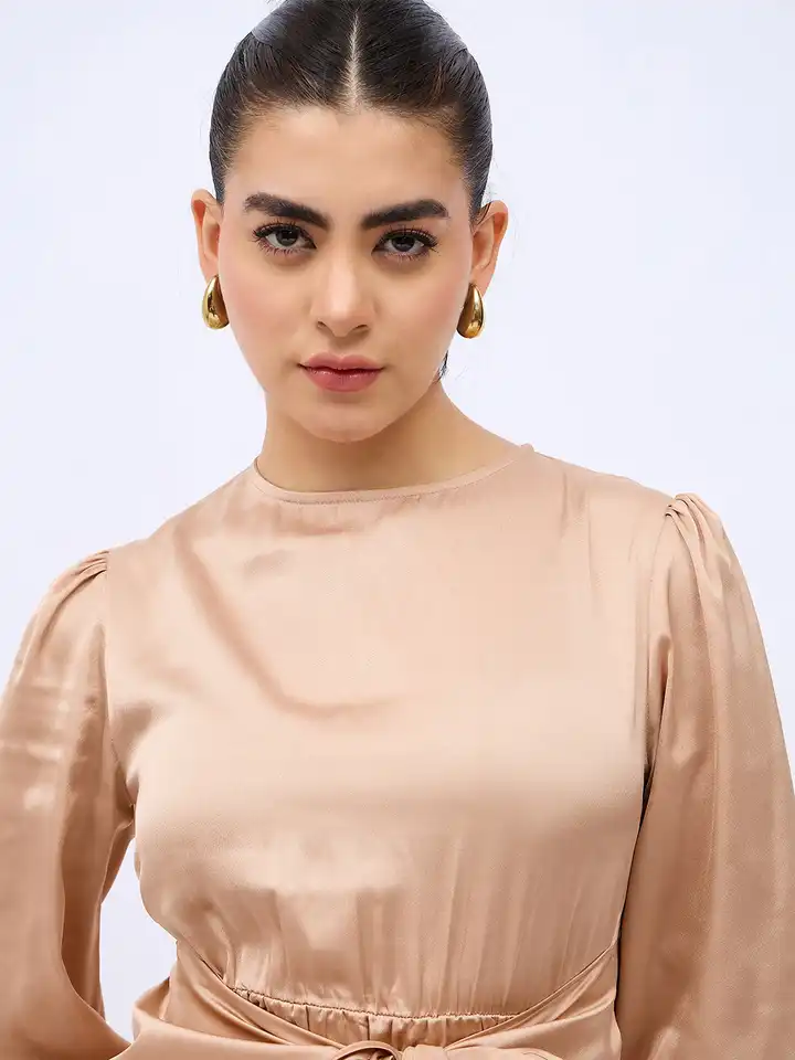 Buy Styli Beige Bishop Sleeves Waist Tie Up Sheath Mini Dress - Dresses for  Women 31102023 | Myntra