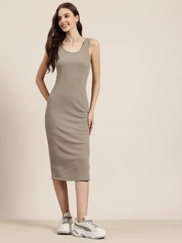 Buy HERE&NOW Ribbed Midi Bodycon Slip Dress with Slit Detail - Dresses for  Women 31358805 | Myntra