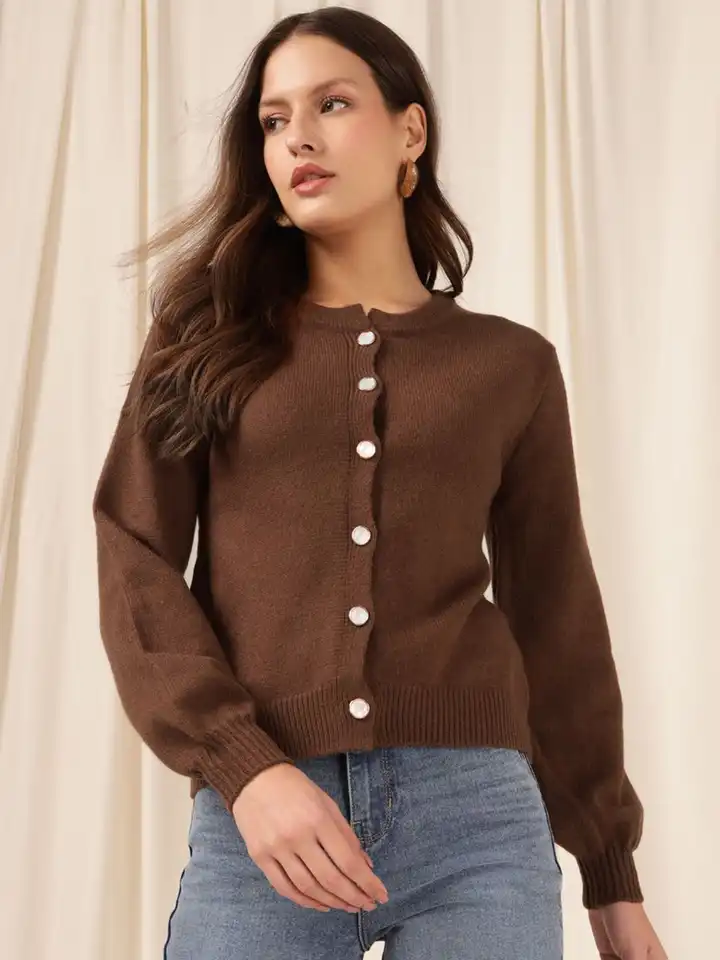 Buy Xpose Women Ribbed Round Neck Long Sleeves Cardigan - Sweaters