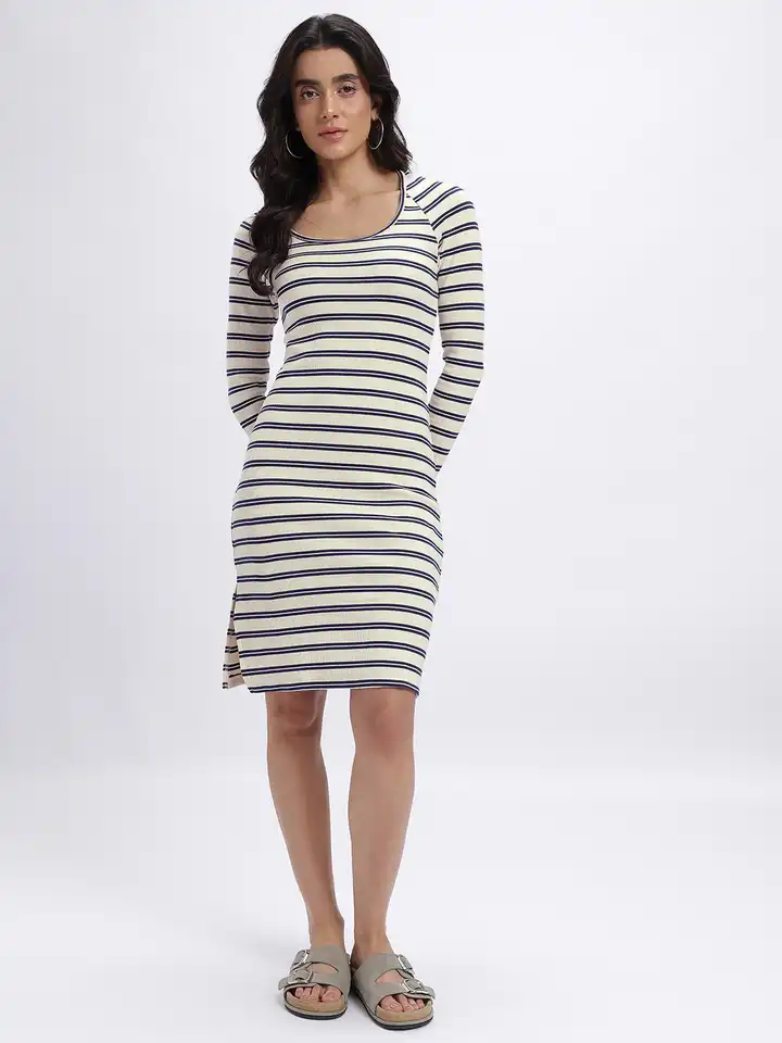 Buy glitchez Striped Rib Knit Scoop Neck Slim Fit Bodycon Dress with Slit -  Dresses for Women 31993863 | Myntra