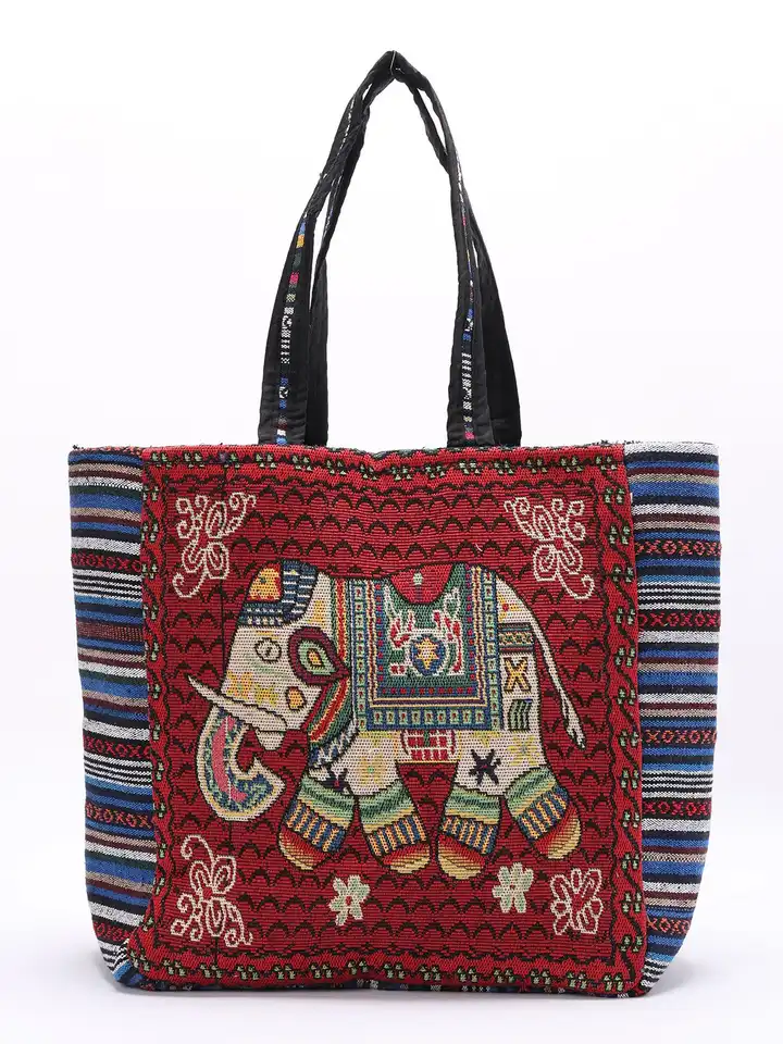 Buy Exotic India Elephant Motif Kutch Tote Bag with Zipper Closure