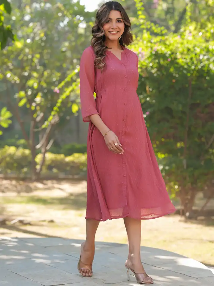 Buy Janasya Women's Mauve Dobby Chiffon Self Design A-Line Dress - Dresses  for Women 32528109