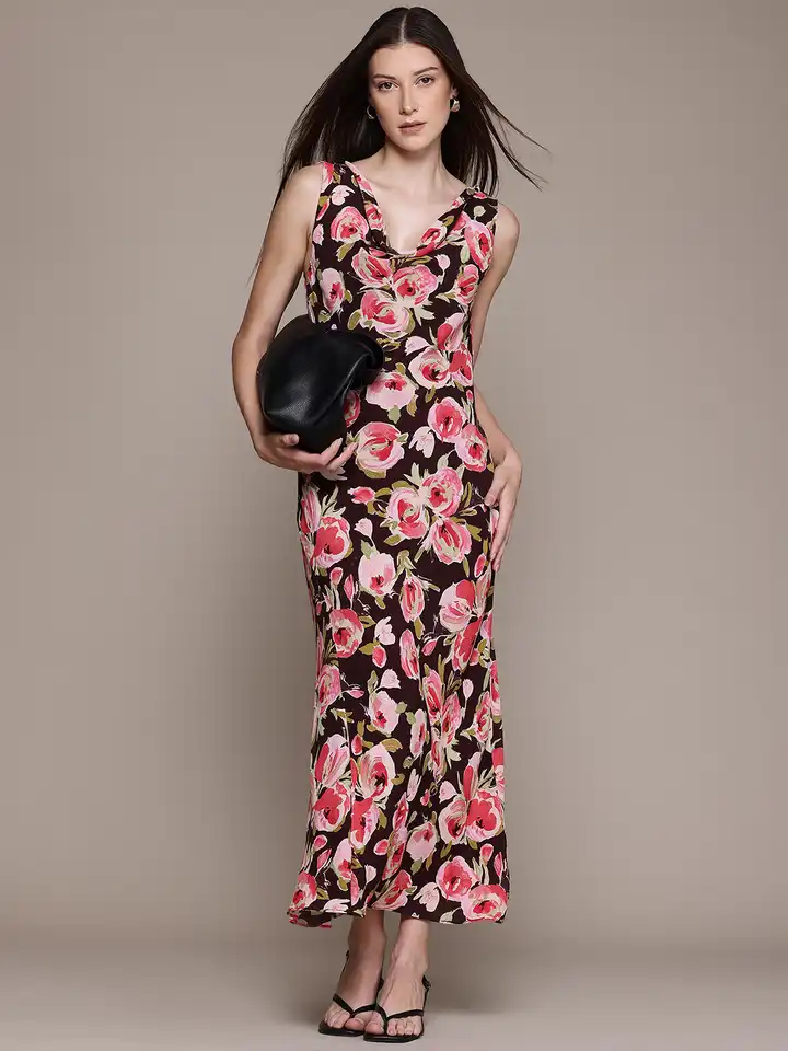 knee length dresses for ladies Yellow Sleeveless Floral Micro Ruffle Trapeze Midi Dress